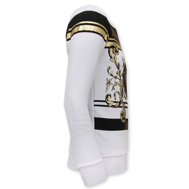 Heren Sweater met Print - Leeuw Strass - 3767 - Wit