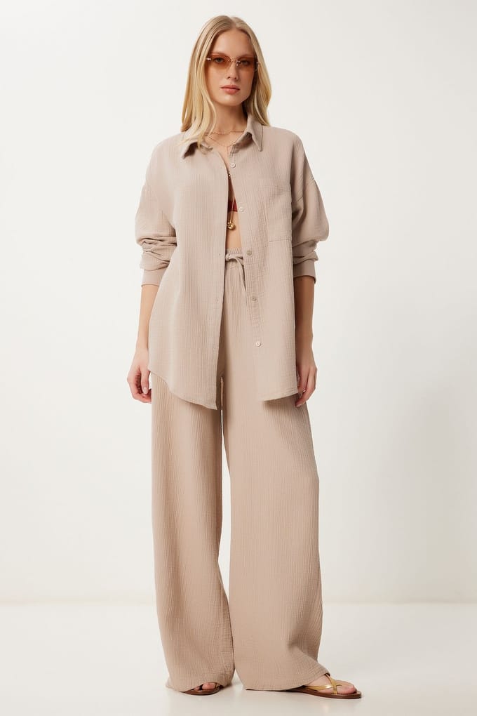 Hoge Taille Brede Pijpen Twee-Delig Co-ord Set met Kraag