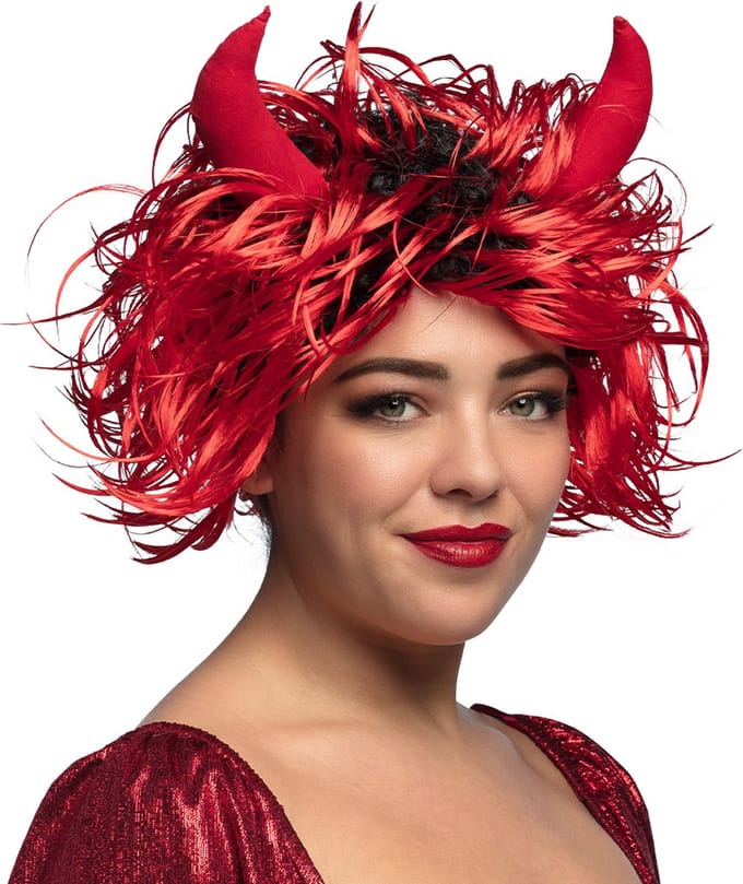 Boland - Pruik Curly devil Rood - Krullen - Kort - Vrouwen - Duivel - Halloween en Horror