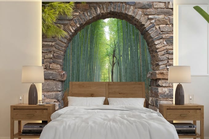 Behang - Fotobehang Bamboe - Japans - Doorkijk - Bos - Breedte 260 cm x hoogte 260 cm