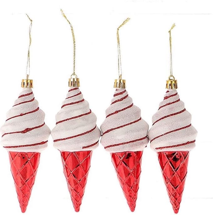 HBX natural living kerst ijsje hangdecoratie set 4 stuks rood kunststof.