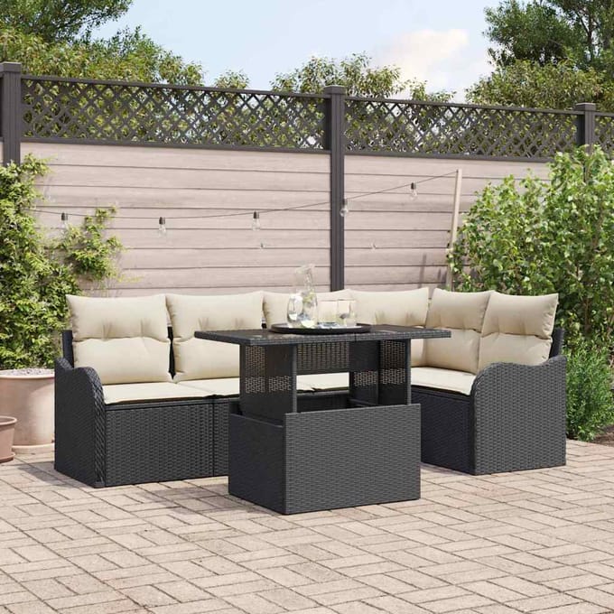 vidaXL Tuinbank Set met kussen met kussen 6 pcs Zwart Poly Riet