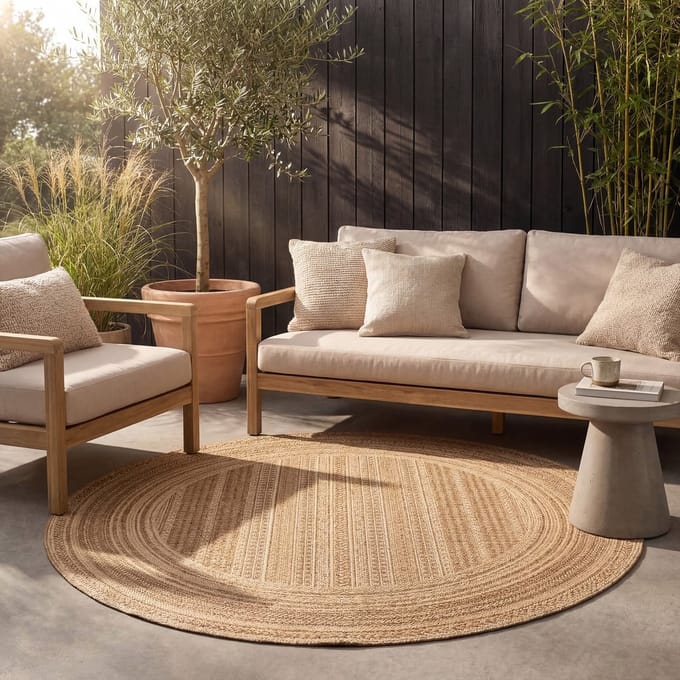 FRAAI Rond jute buitenkleed - Mavi Stripes Creme/Bruin - Ø 100cm