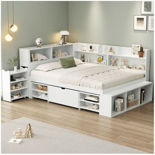 KOMHTOM Kinderbed 140*200 cm, met laden, planken en opbergruimte, lattenbodem, wit
