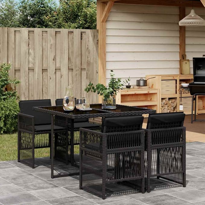 vidaXL - 5-delige - Tuinset - met - kussens - poly - rattan - zwart