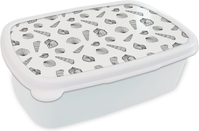 Broodtrommel Wit - Lunchbox - Brooddoos - Schelp - Zwart Wit - Design - 18x12x6 cm - Volwassenen