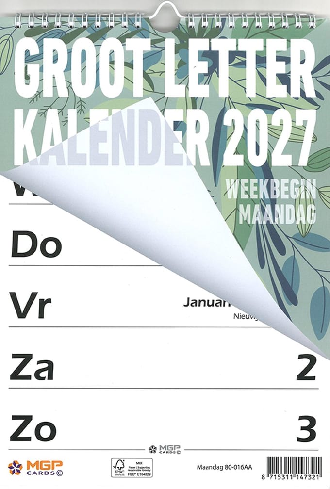 MGPcards - Grootletter kalender - 2027 - Week begint op maandag - 21 x 34 cm - Groen Bladeren