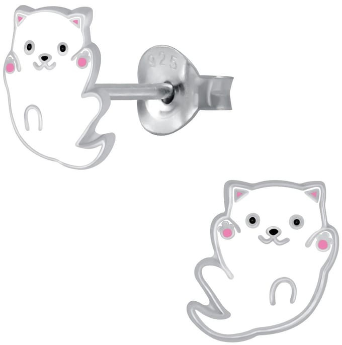 Joy|S - Zilveren kat poes oorbellen - 8 mm - kitten wit