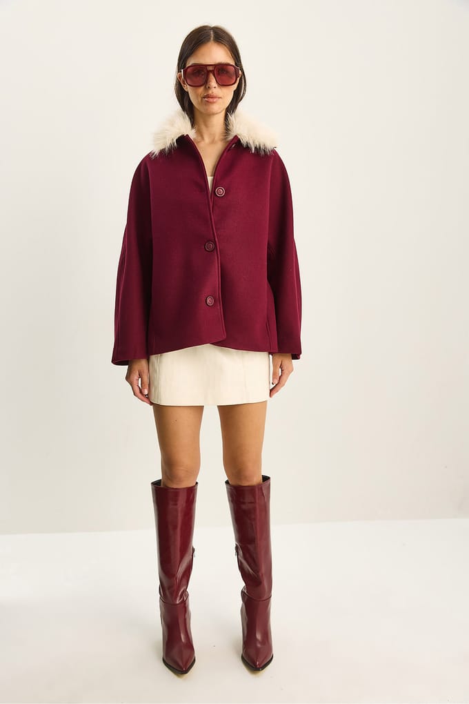 Oversized Pluche Jas met Bontkraag