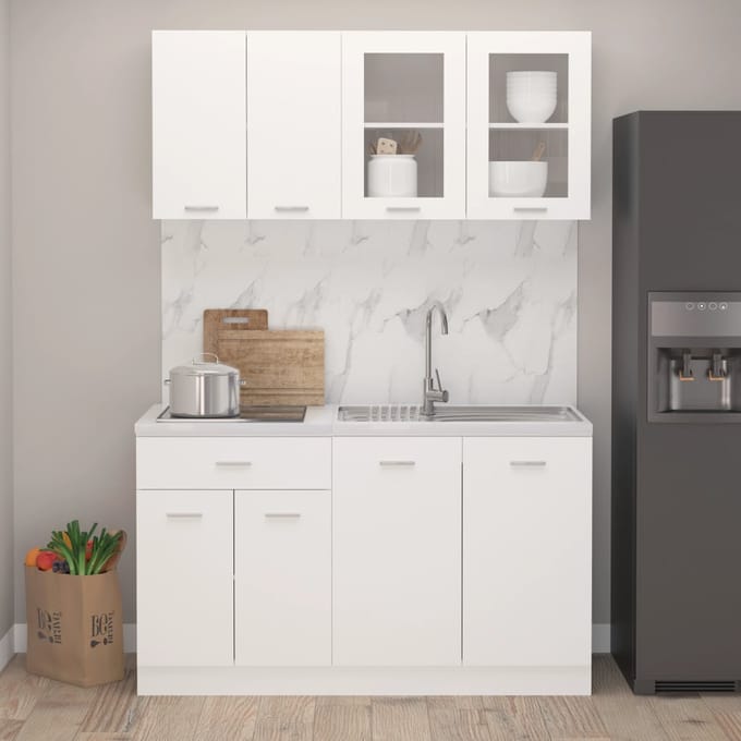 vidaXL - 4-delige - Keukenkastenset - Lyon - bewerkt - hout - wit