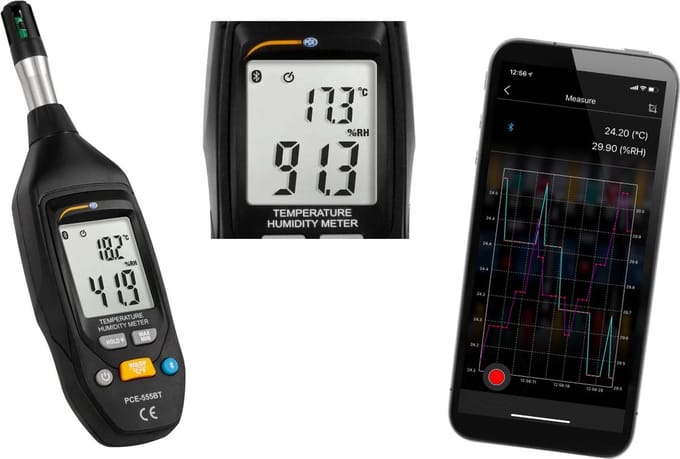 Hygrometer met bluetooth PCE-555BT - natteboltemperatuur - dauwpunttemperatuur - Android en iOS