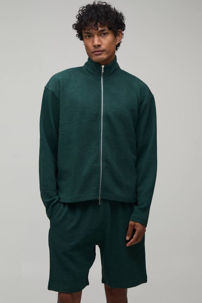 Oversized Boxy Geribbeld Trainingspak Met Dubbele Ritssluiting En Col Kort Model | Forest | Size Medium
