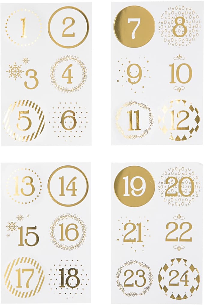 Kerstkalender cijfer stickers, d 40 mm, vel 9x14 cm, goud, wit, 4 vel