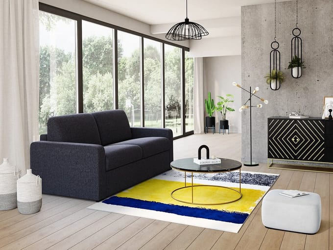 Vente-unique Vloerkleed - 160 x 230 cm - Mosterdgeel, marineblauw, grijs - CAMDEN