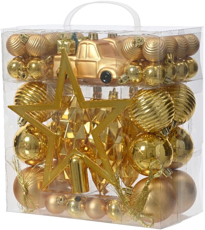 Decoris kerstballen, ornamenten en piek set - 67-delig - goud - kunststof - kerstversiering