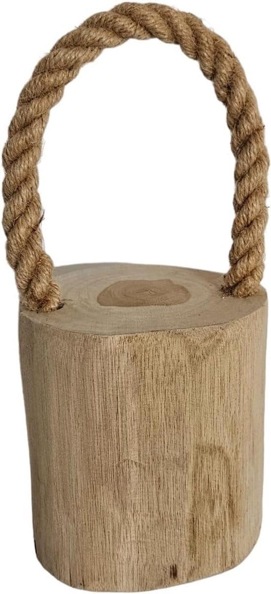 Rustieke deurstopper van teak hout met touw