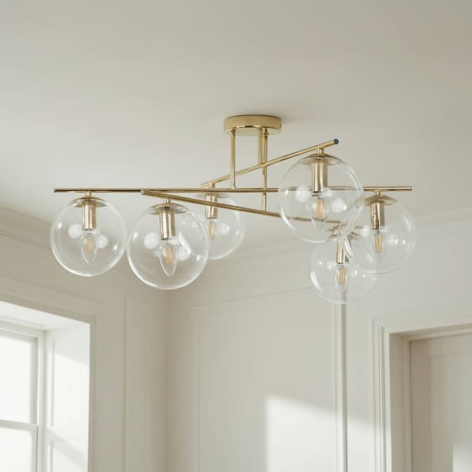Domiluce Plafondlamp Zoe, goudkleurig, lengte 72 cm, 6-lamps, glas