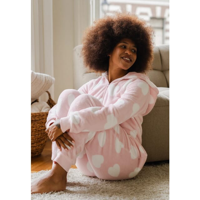 By Louise Dames Huispak Onesie Fleece Roze Hartjes - Maat XL