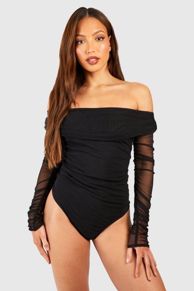 boohoo Dames Tall Off The Shoulder Mesh Bodysuit | Black | Maat: 8