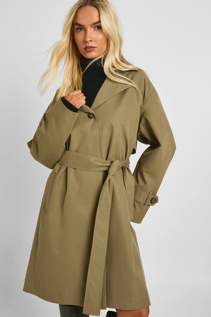 boohoo Dames Longline Met Ceintuur Trenchcoat | Sage | Maat: 10