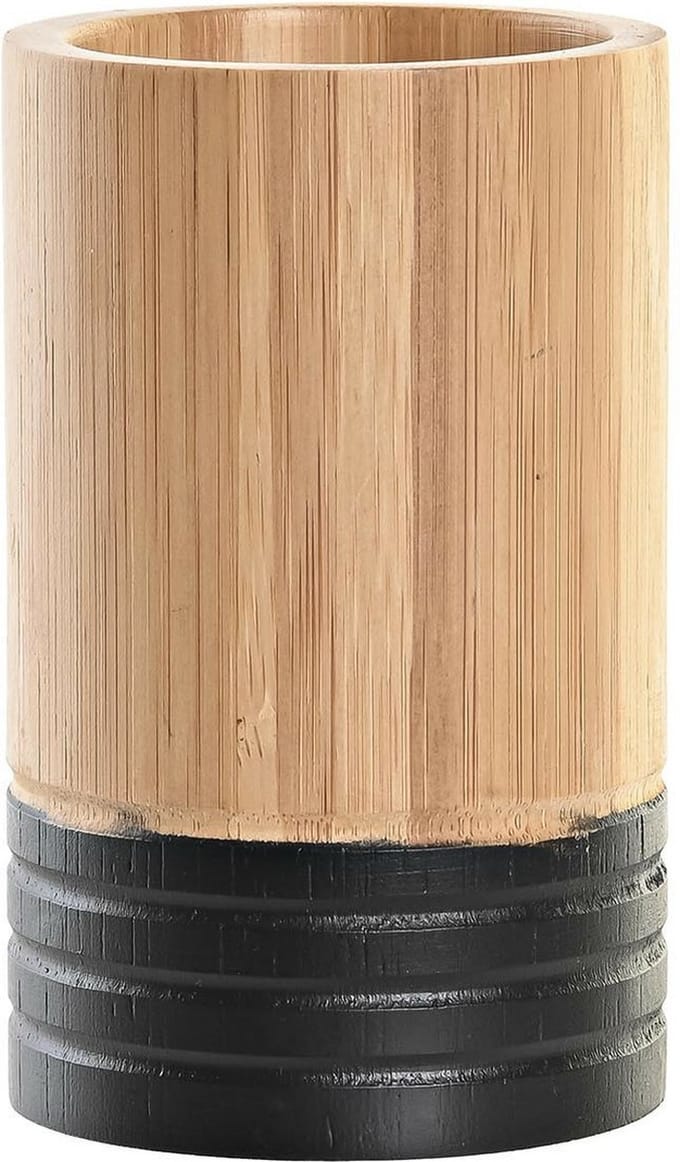Items Tandenborstelhouder - drinkbeker - hout - beige/zwart - 7 x 11 cm - badkamer accessoires