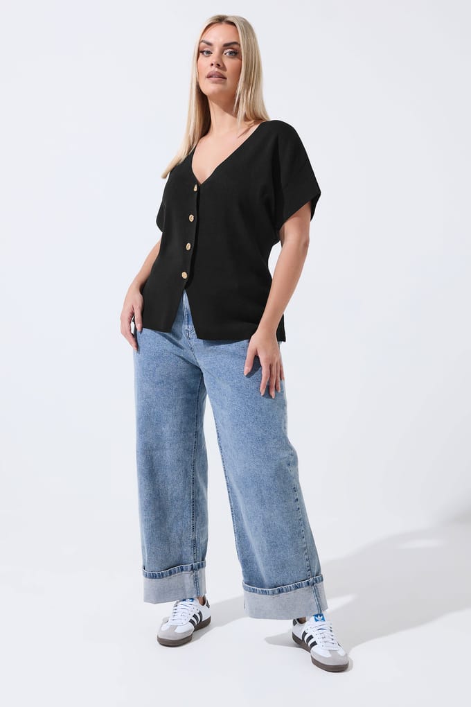 Limited Collection Zwarte Gebreide Top Met Korte Mouwen Size 48