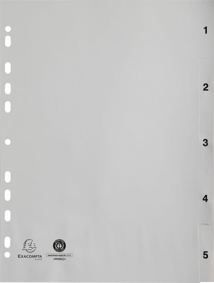 Exacompta 20x Tabbladen met bedrukte tabs in PP - 5 tabs - 1 tot 5 - A4 - Grijs - 1705E