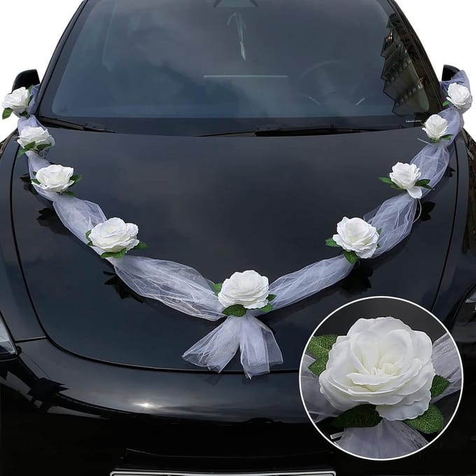 Auto Bruiloft Decoratieset met Witte Slinger en Kunstbloemen - Elegante Decoratie voor Bruiloft