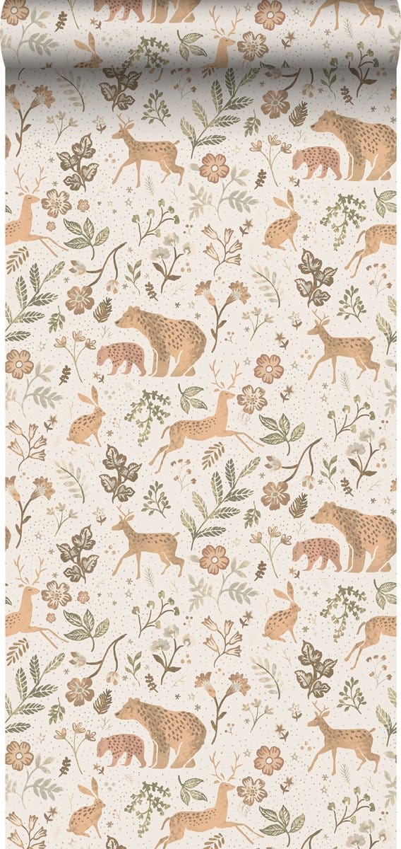 ESTAhome behang bos met bosdieren gebroken wit en beige - 53 cm x 10.05 m - 139525