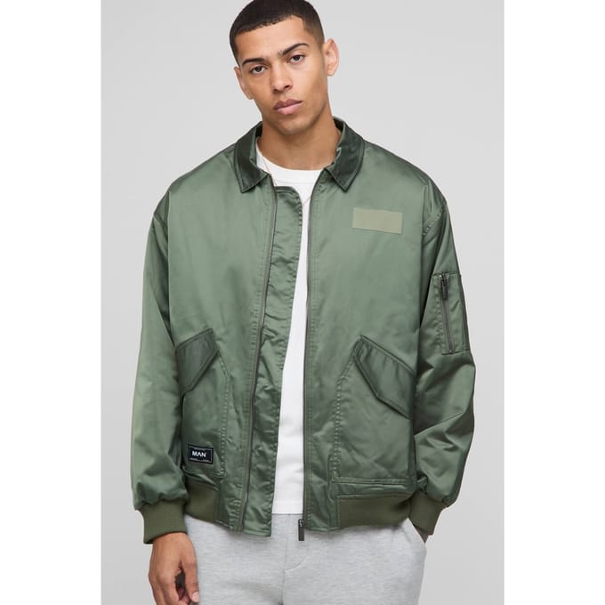 Oversized Nylon Collared Flight Jacket | Khaki | Size Medium