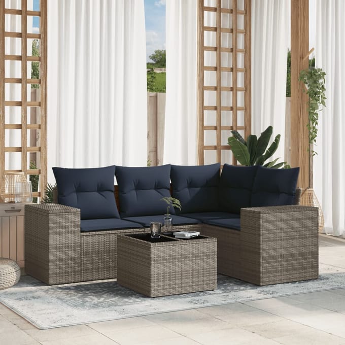 vidaXL - 5-delige - tuinbankset - met - kussens, - grijs - polyrotan