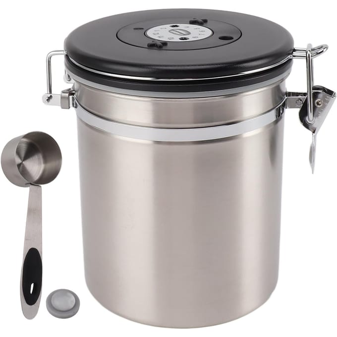 Boîte à café 1,5L Récipient à café avec cuillère Doseur Suivi de la date Acier inoxydable Polyvalent Hermétique Silver gray
