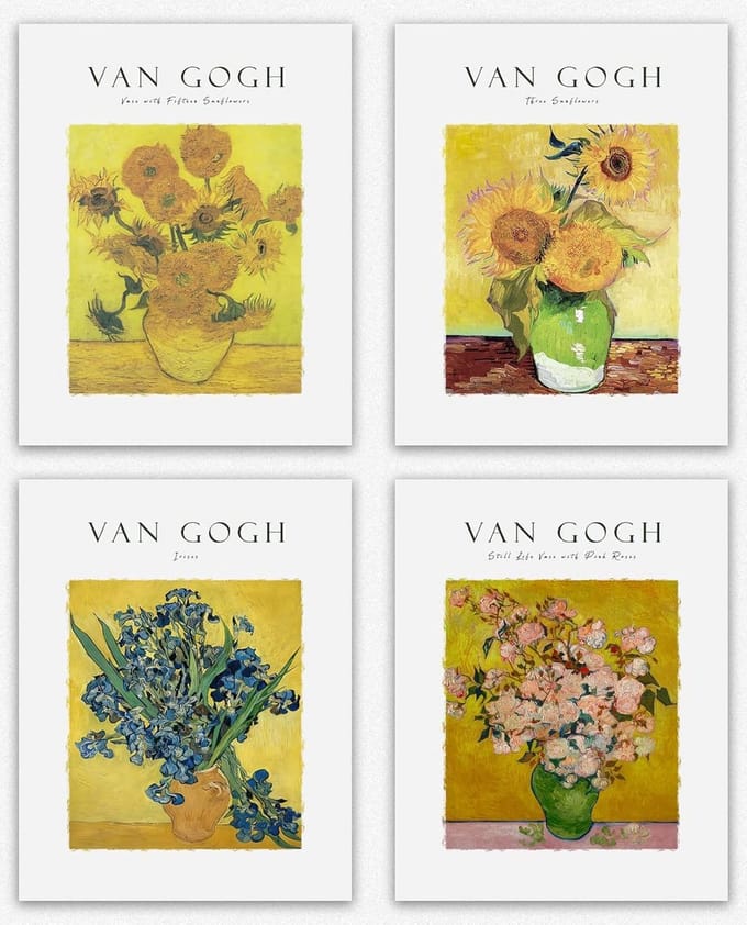 Set van 4 Gele Bloemen Wall Art Prints - Impressionistische Bloemstilleven Wanddecoratie