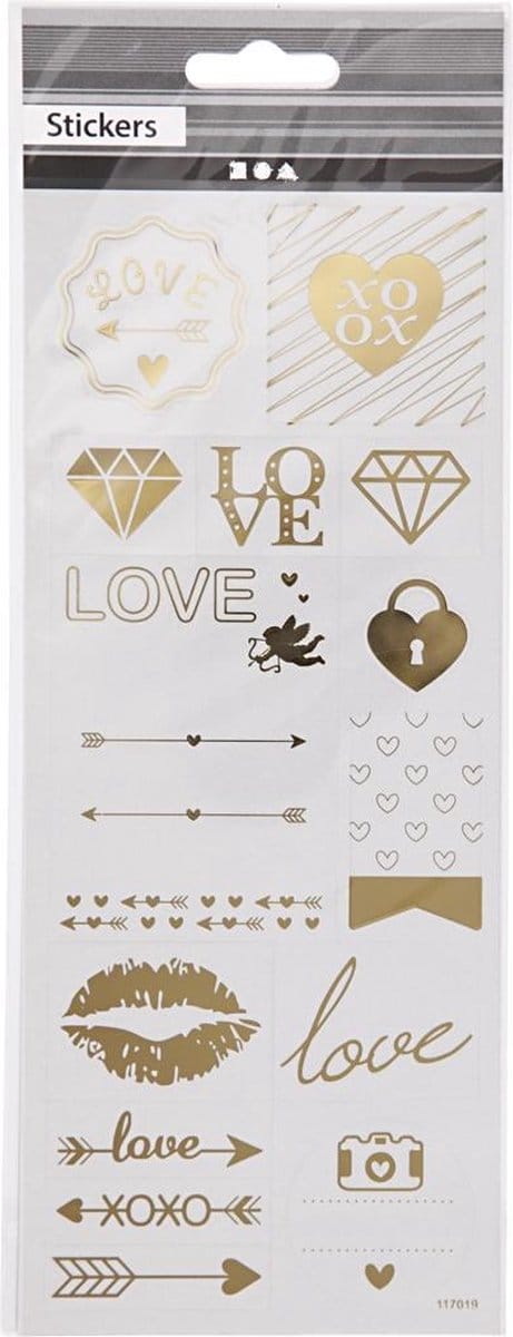 Stickers, love, vel 10x24 cm, ca. 14 stuk, goud, 1 vel