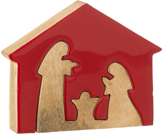 J-Line decoratie Kerststal in Huis - hout - rood/naturel - medium