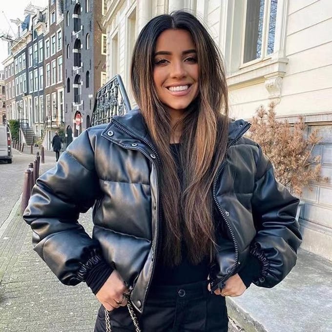 Mode Hiver Rembourré Coton Doudoune Dame Chaud Épais Manteaux en Cuir PU Femmes Parkas Courts Vêtements Élégants à Fermeture Éclair S noir