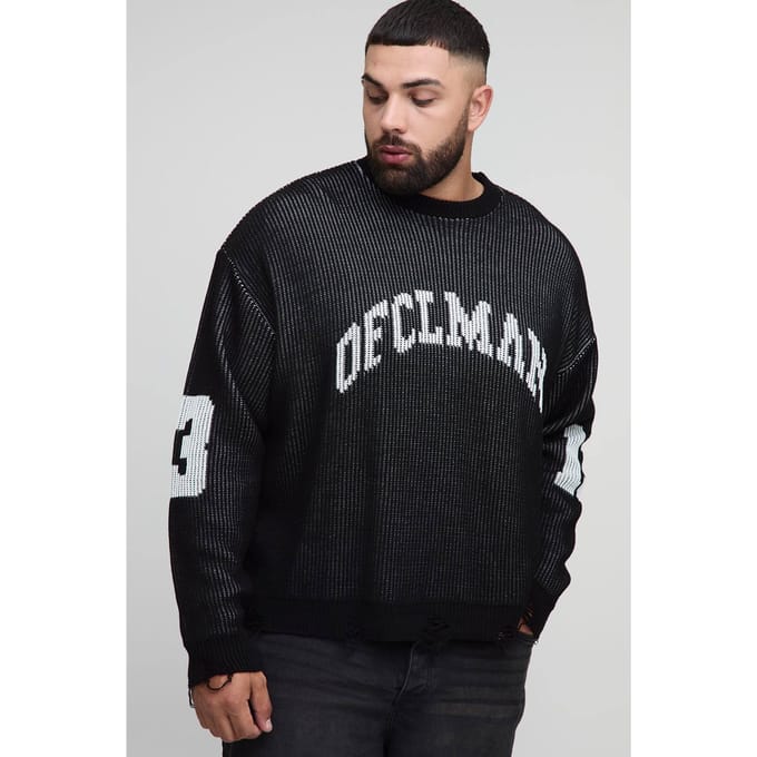 Plus Ribbed Knit Oversized Distressed Varsity Jumper | Black | Size 2XL