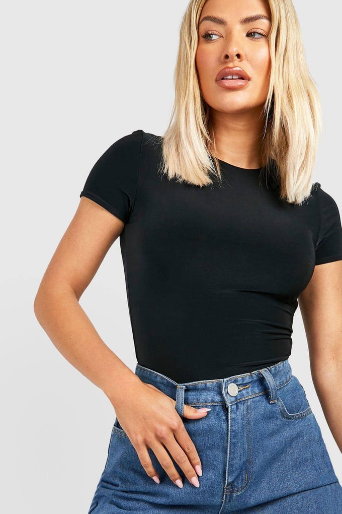 boohoo Dames Double Layer Slinky Short Sleeve Bodysuit | Zwart | Maat: 40