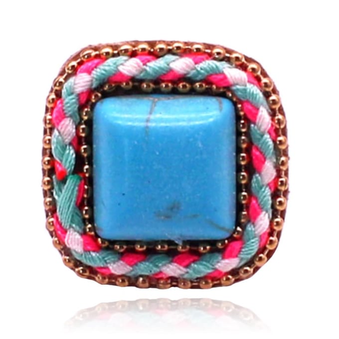 Handgemaakte verstelbare vierkante multicolor ring van leer met touw en turkoois
