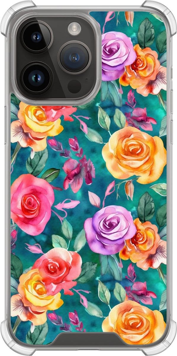 Shockproof hoesje - Geschikt voor iPhone 14 Pro Max - Rozen - Extra sterke case - TPU/polycarbonaat - Bloemen - Multi, Transparant