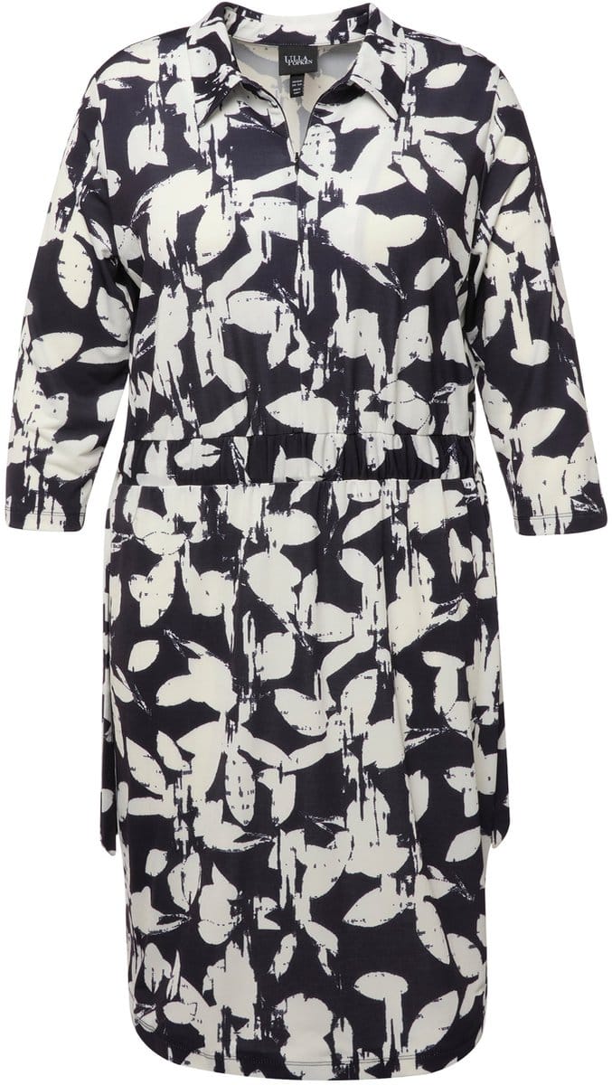 Ulla Popken - Dames - Jersey jurk bladeren overhemdkraag 3/4-mouwen - Marine - Maat 46+