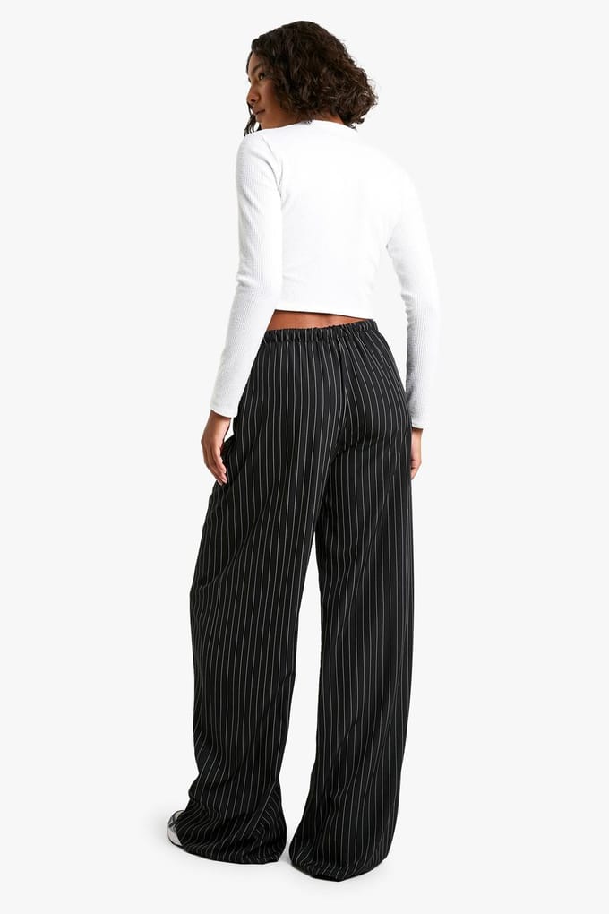 boohoo Dames Tall Drawstring Stripe Wide Leg Trousers | Zwart | Maat: 44