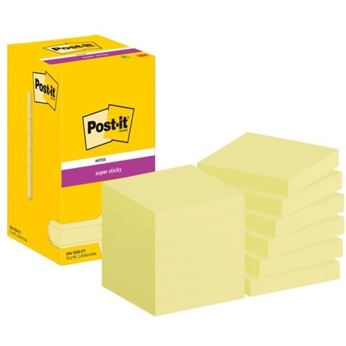 Post-It® Sticky Notes Super Sticky Notes, geel, 76 x 76 mm, 90 vellen/blok, 12 pads, in kartonnen verpakking