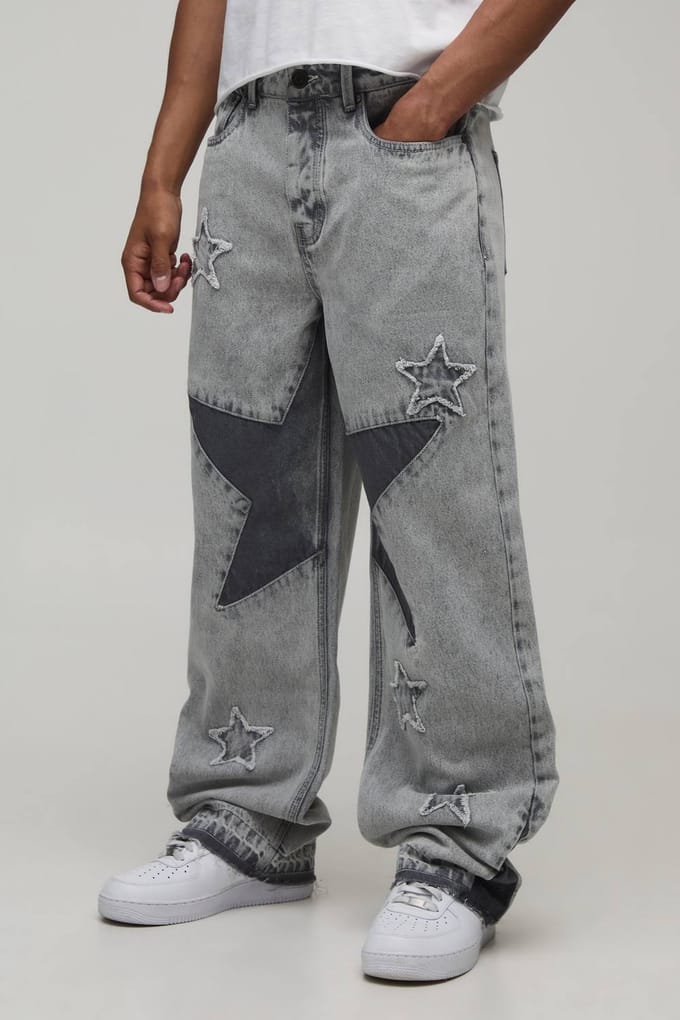 Relaxed Fit Jeans Met Ster Patchwork | Light Grey | Size 34R