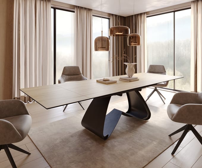 Eetkamertafel Edge keramiek Laminam® Sabbia eiken kleur 200-300x100 W-frame zwart uitschuifbaar