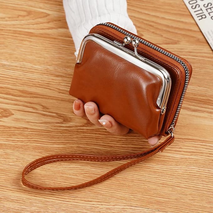 Porte-monnaie Rétro pour Dames avec Fermeture Éclair et Porte-cartes marron clair
