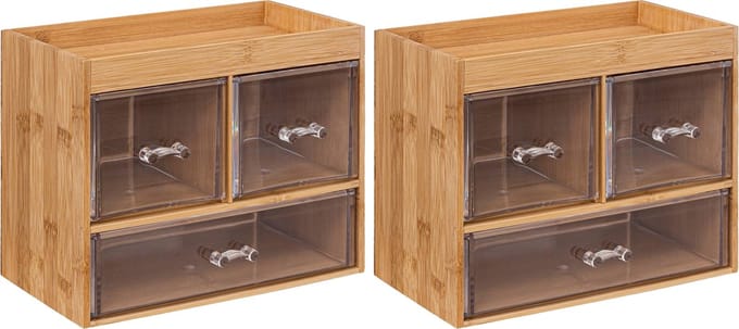 5Five sieraden/make-up organizer - 2x stuks - 3 lades - 24 x 20 cm - rechthoek - bamboe/kunststof