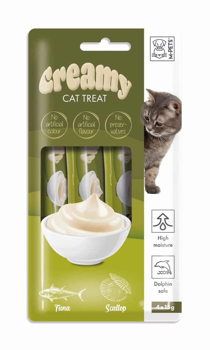 M-PETS Creamy kat snack tonijn&St. jacobsschelp 60g ( 4x15g ) - per 12