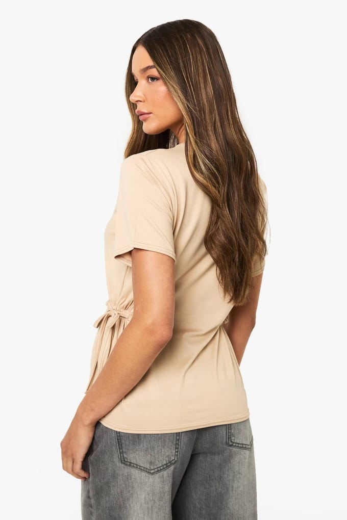 boohoo Dames T-shirt met striklint op de taille | Stone | Maat: 6