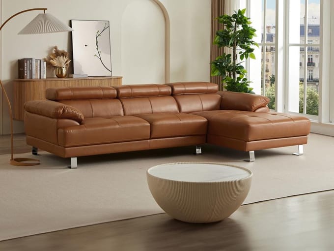 Vente-unique Rechter hoekbank van premium camelkleurig leer EXCELSIORA